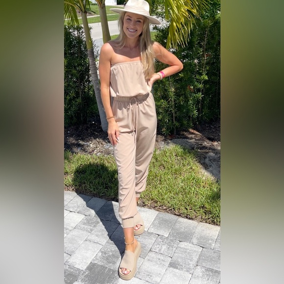 Blue Blush Pants - Blue Blush Tan Strapless Jumpsuit with Self-Tie Waist